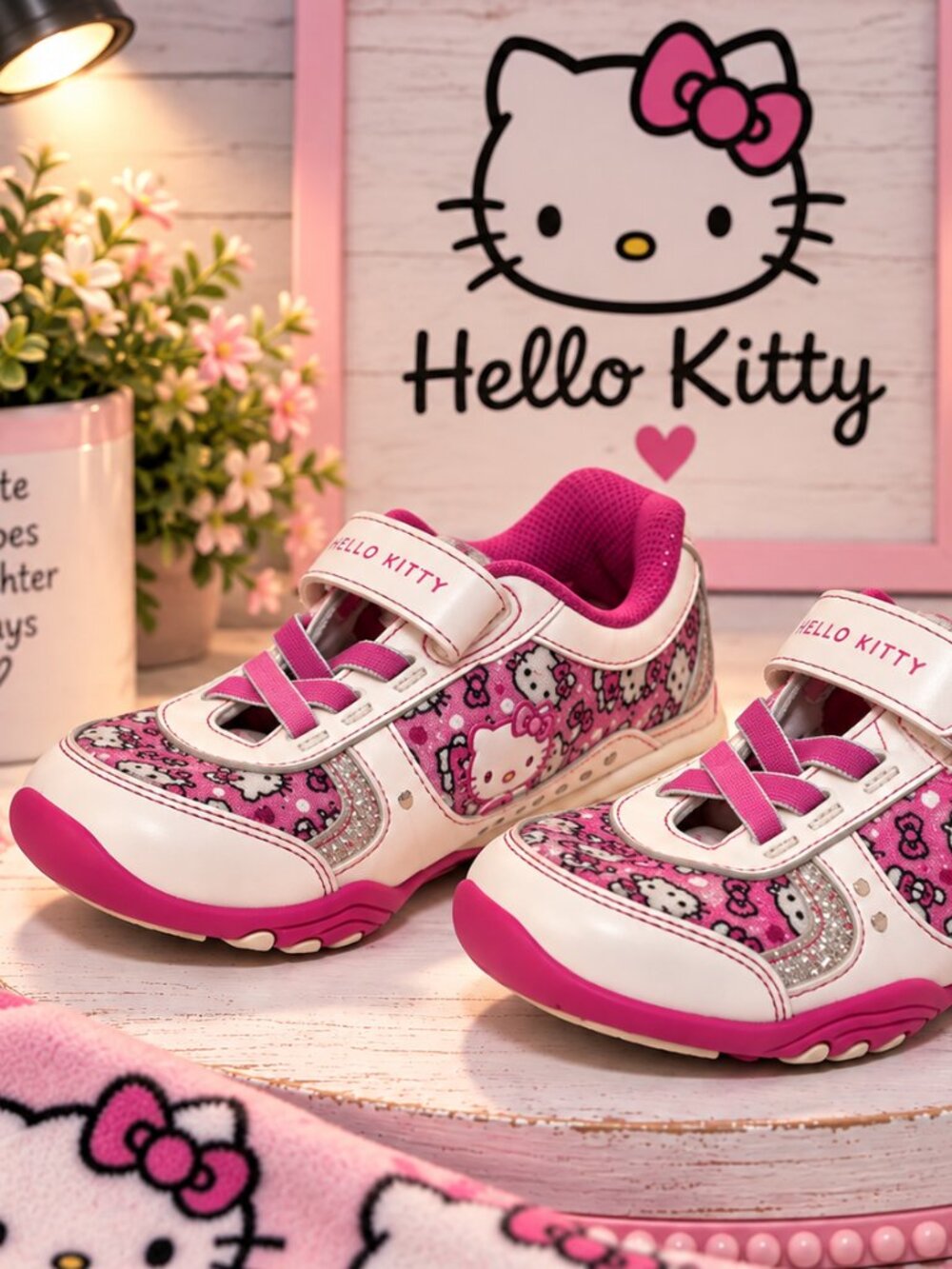 Stride Rite Hello Kitty Toddler Girls Shoes Size 8M Pink White Glitter Sneakers
